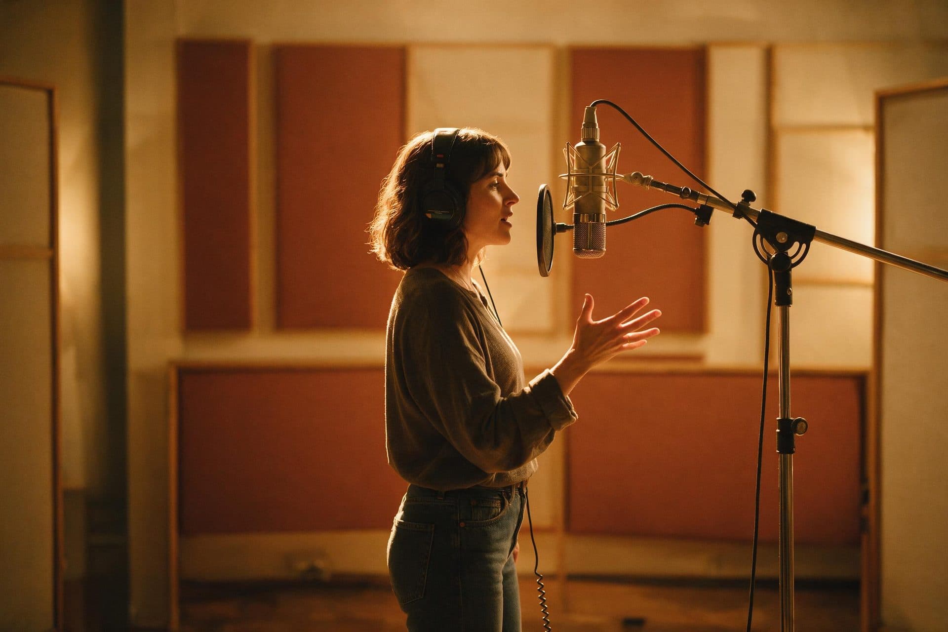 Catalan voice actor performing a script at a studio microphone in a warmly lit recording studio