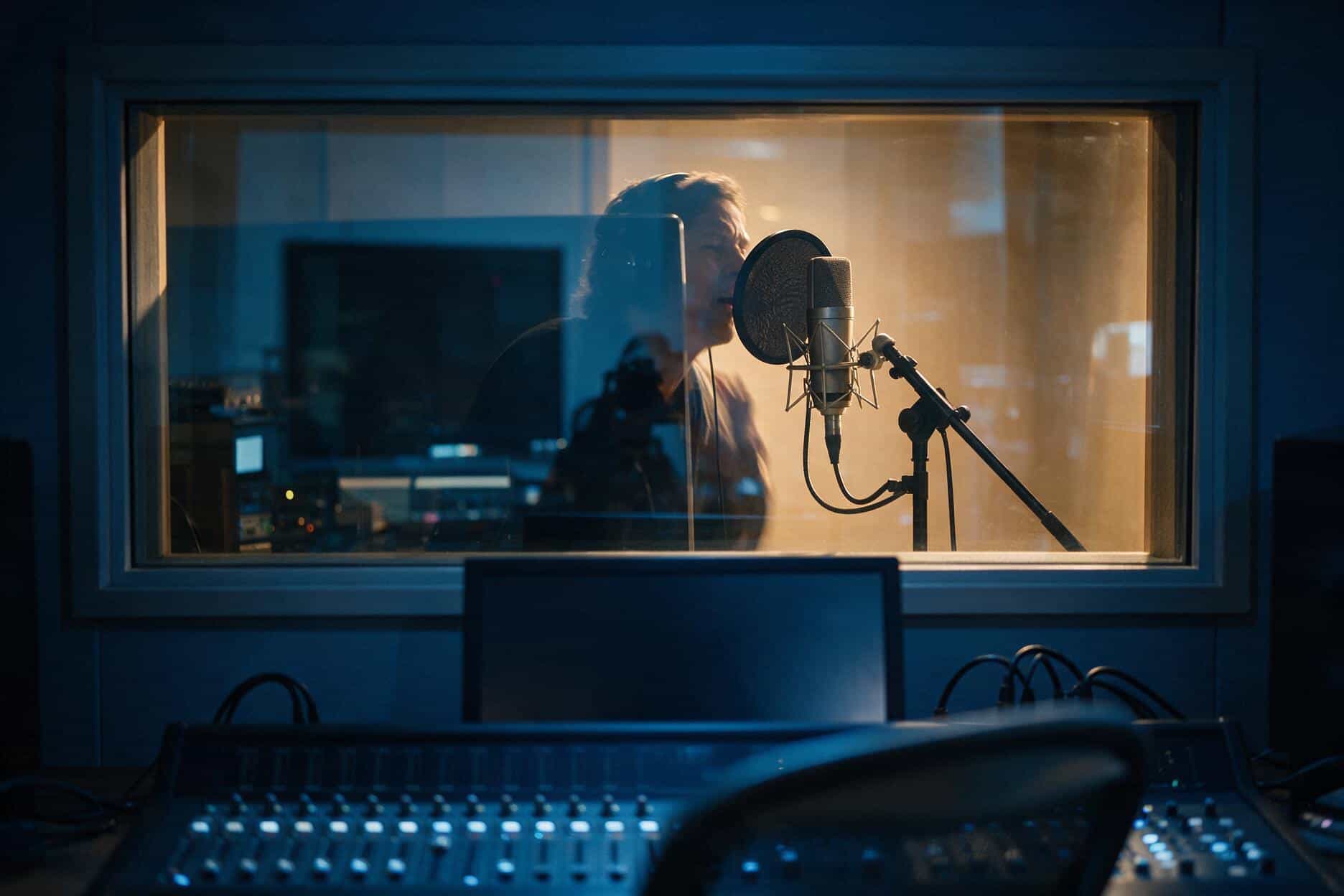 Voice actor at the microphone during a Lingala recording session