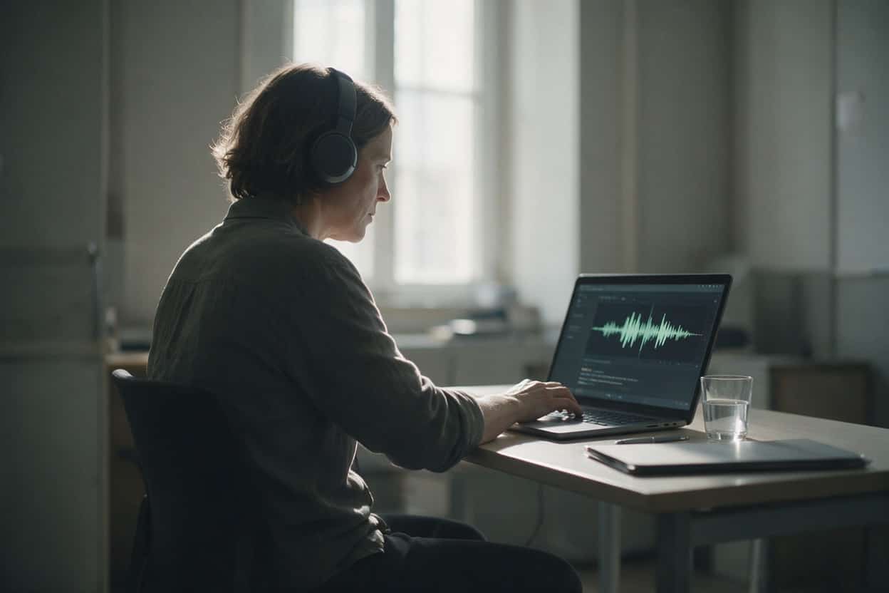 A transcriber listening through headphones and typing up a recording