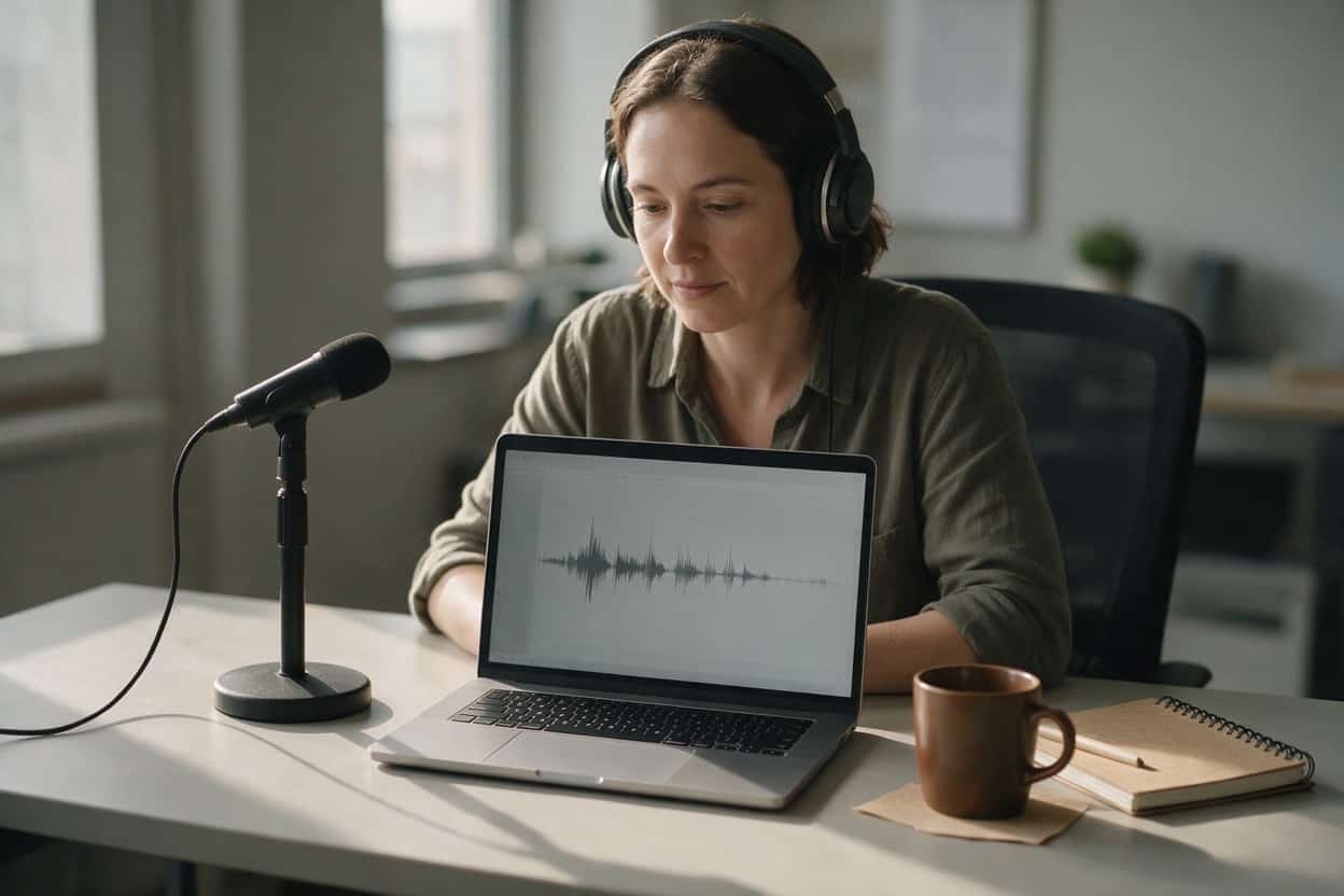 A transcriber listening through headphones and typing up a recording