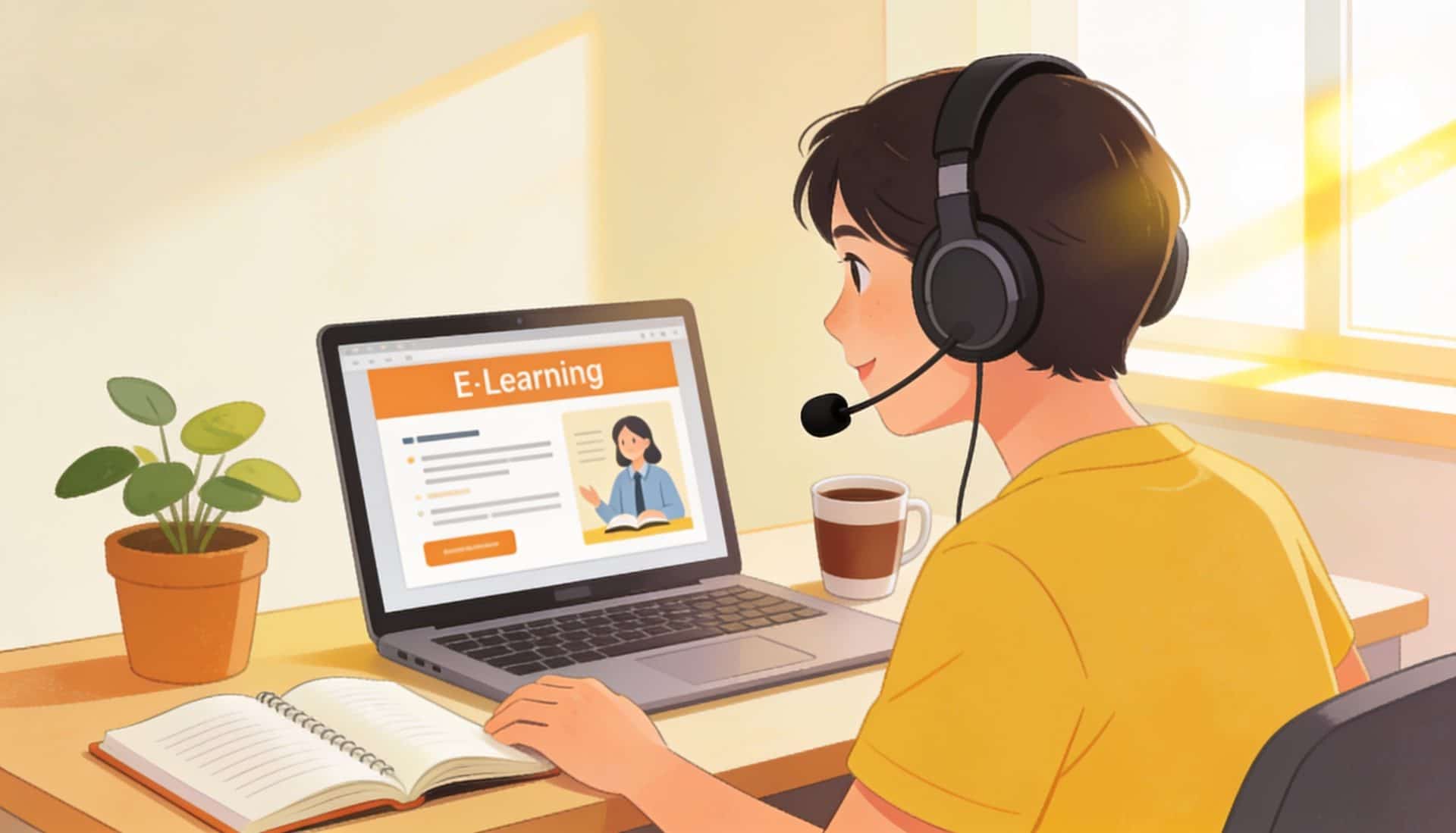Narrator recording an eLearning course with microphone and headphones