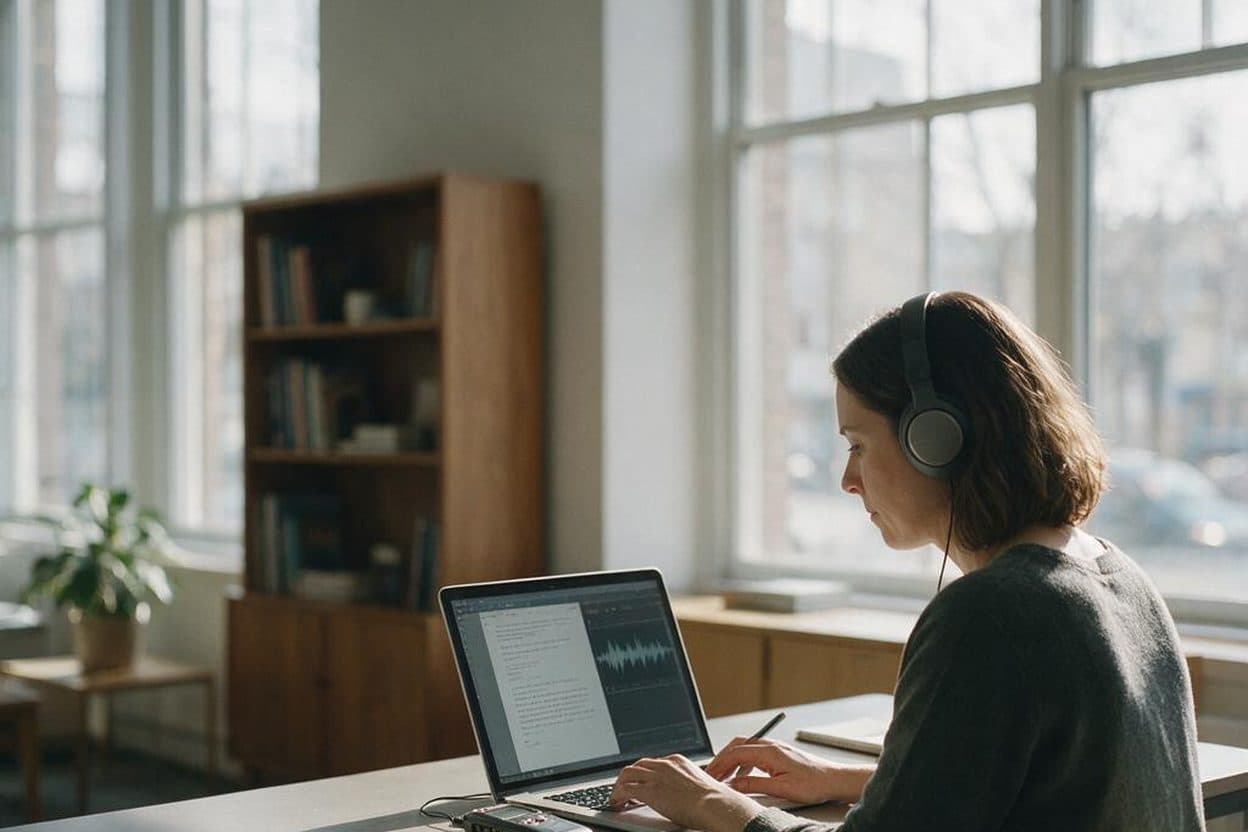 A transcriber listening through headphones and typing up a recording