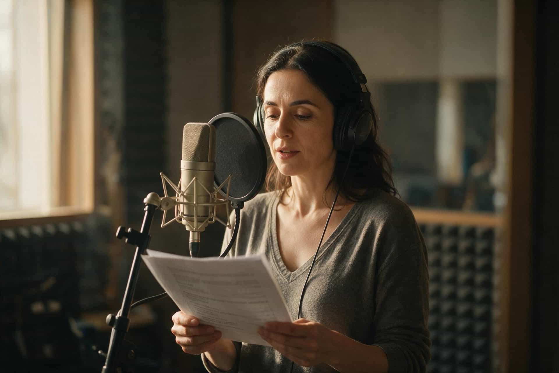 Georgian voice actor recording at a studio microphone in a soundproofed booth