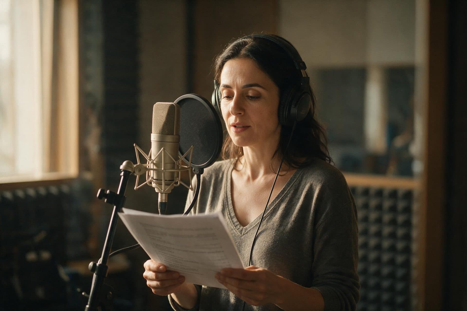 Georgian voice actor recording at a studio microphone in a soundproofed booth