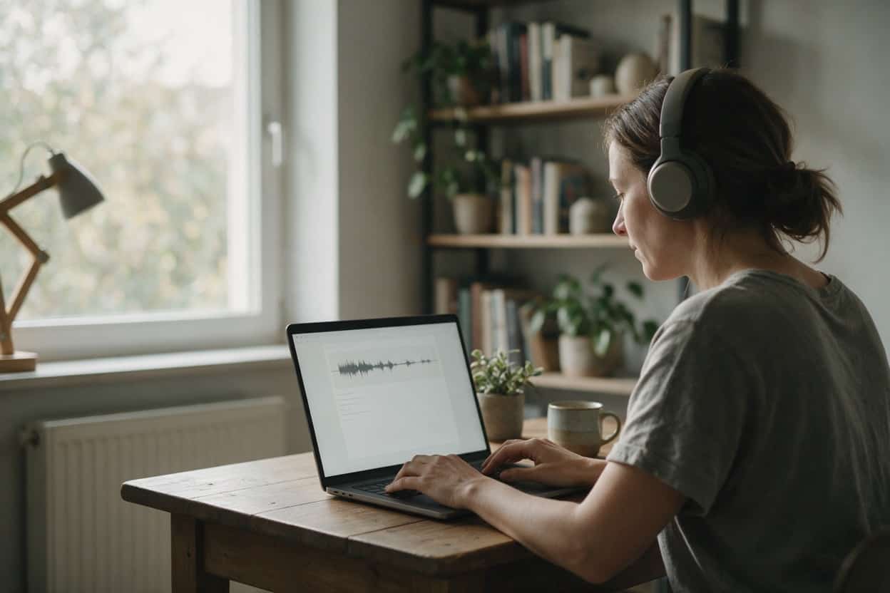 A transcriber listening through headphones and typing up a recording
