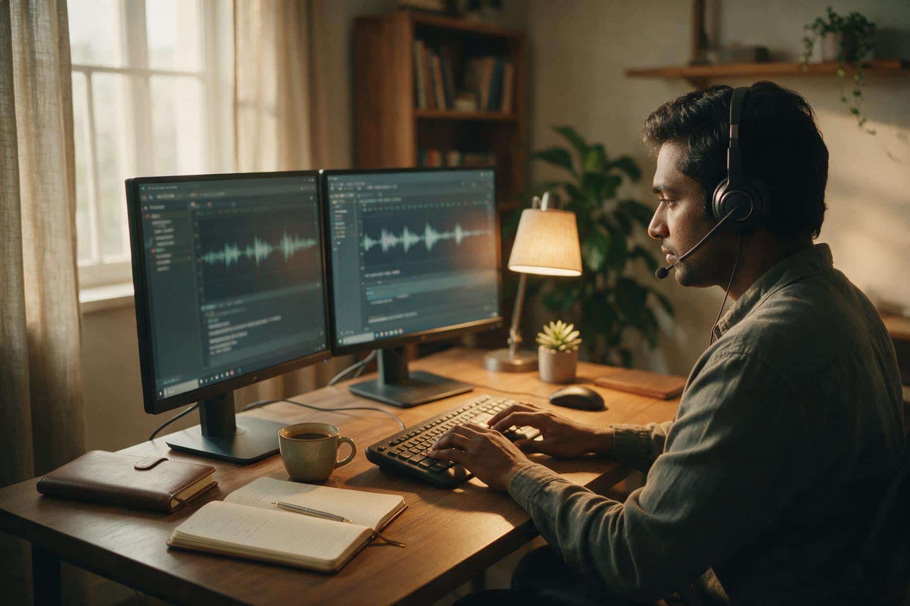 A transcriber listening through headphones and typing up a Bhojpuri recording