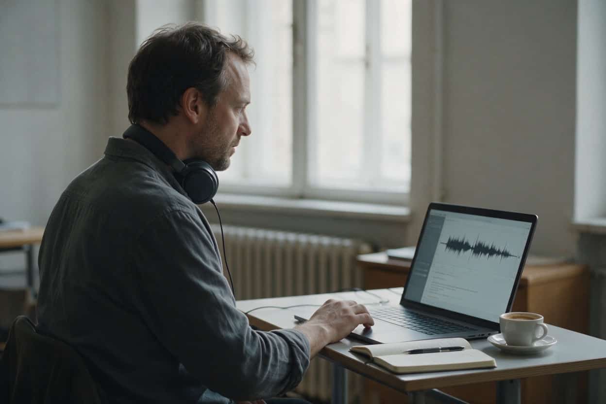 A transcriber listening through headphones and typing up a recording