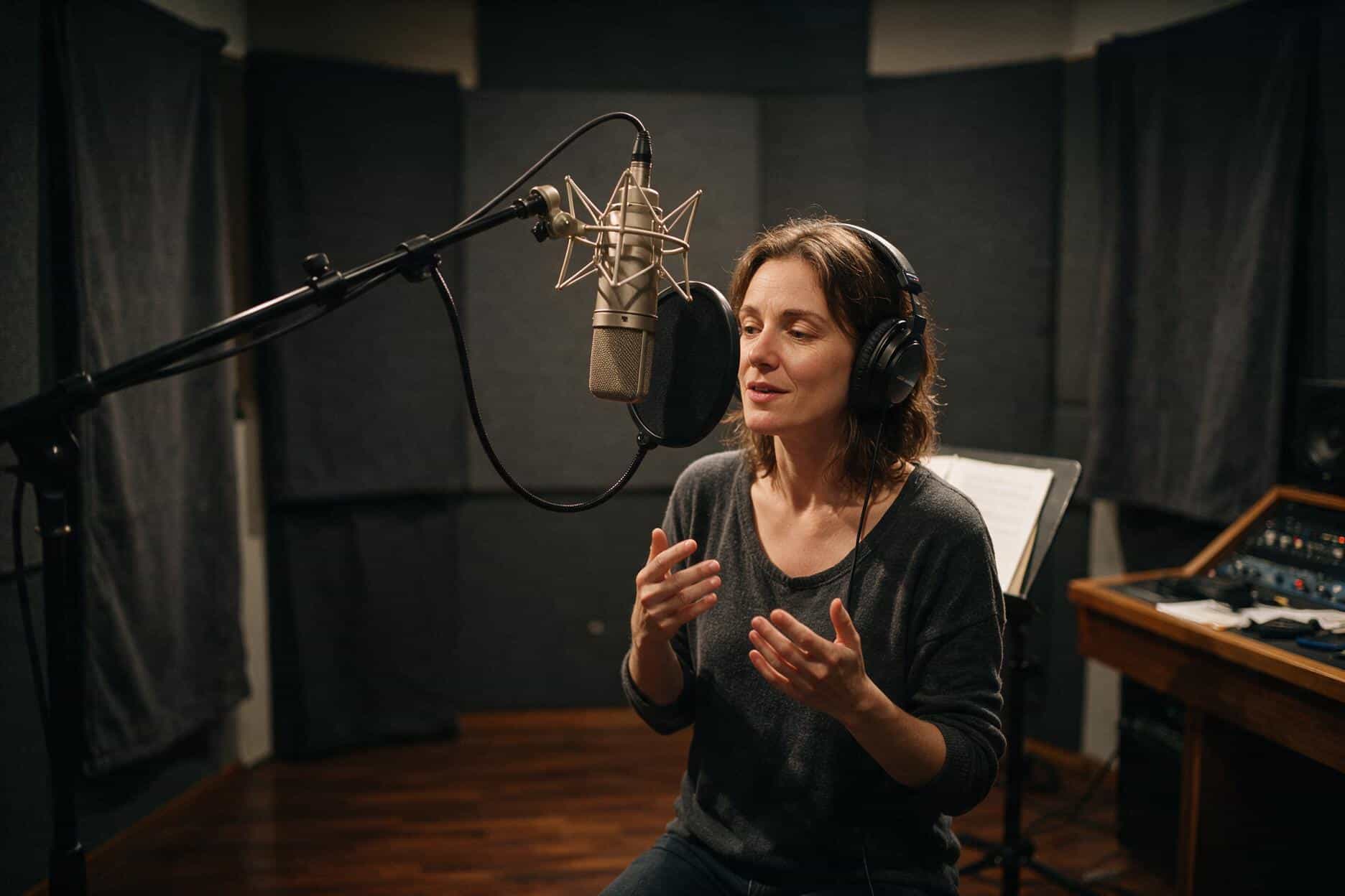 Voice actor at the microphone during a Bosnian recording session