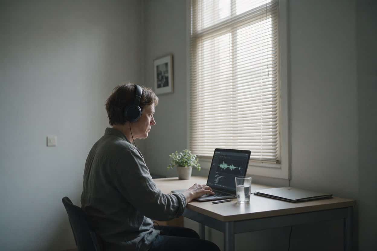 A transcriber listening through headphones and typing up a recording
