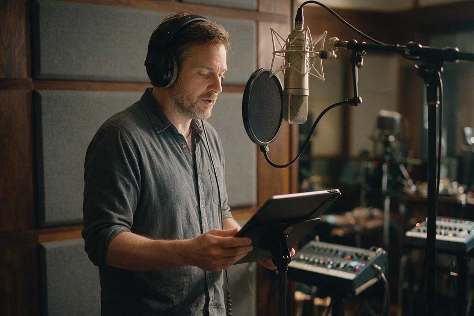 South African English voice actor recording at a studio microphone in a soundproofed booth