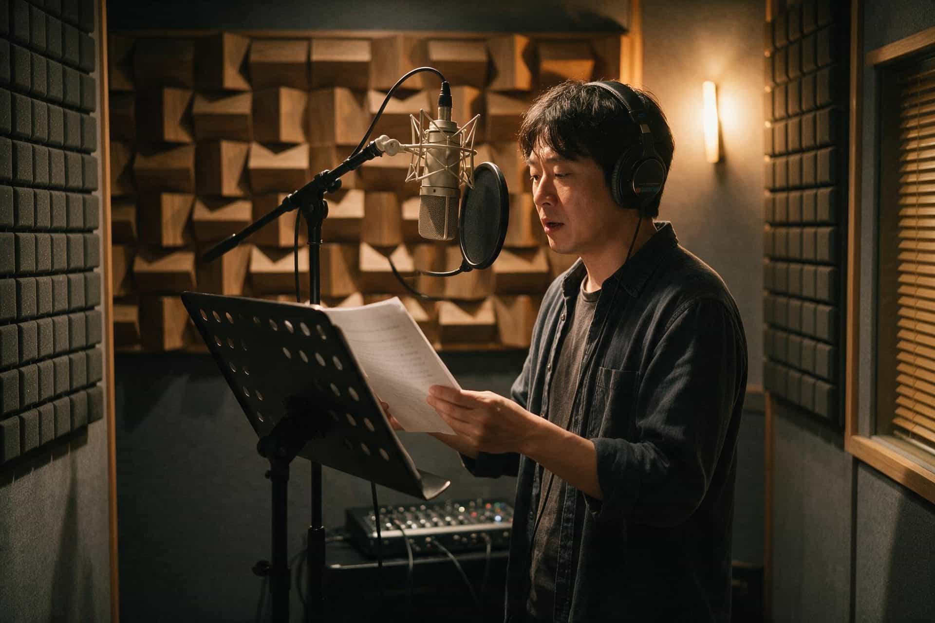 Taiwanese Mandarin voice actor recording at a studio microphone in a soundproofed booth