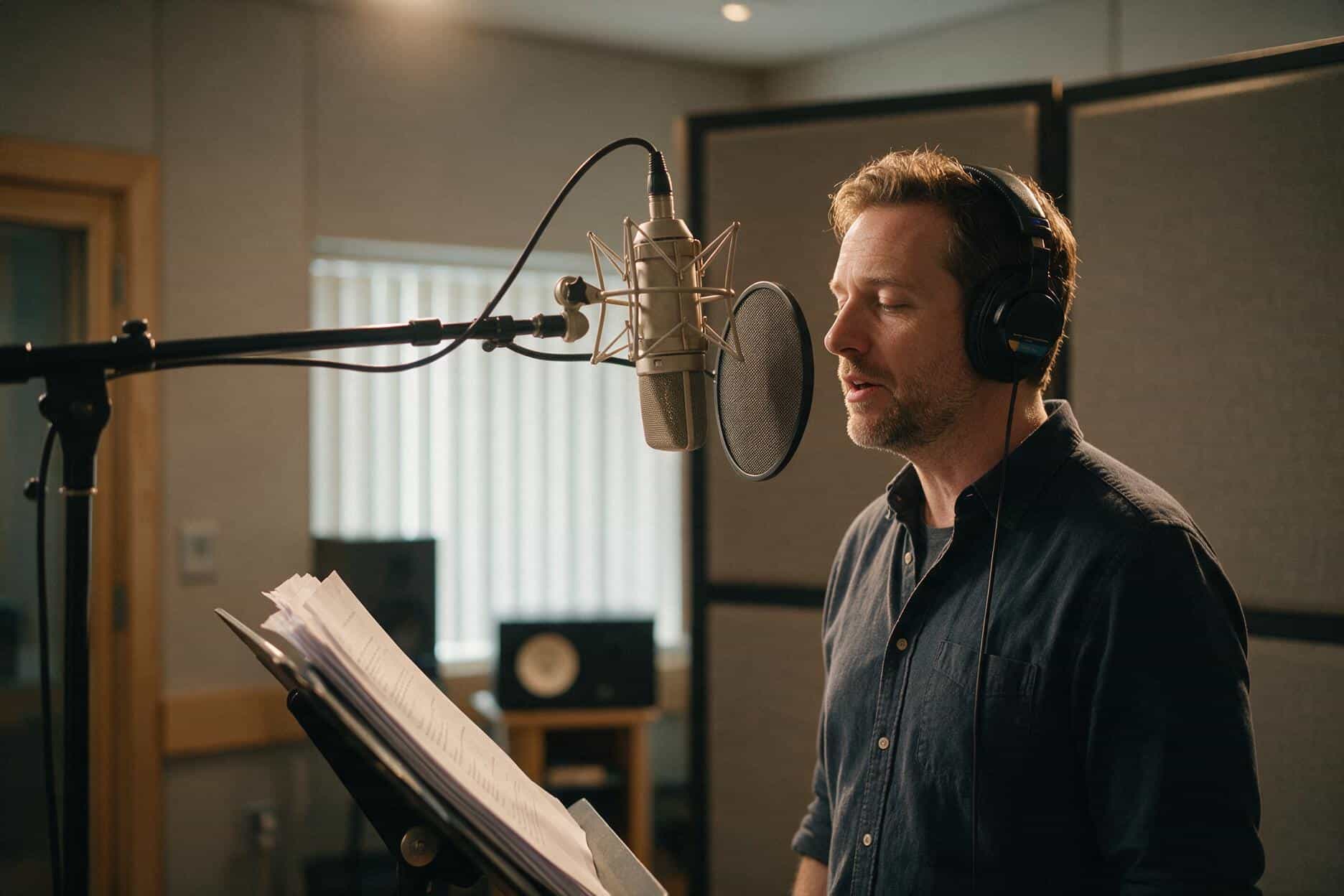 Voice actor at the microphone during a Macedonian recording session