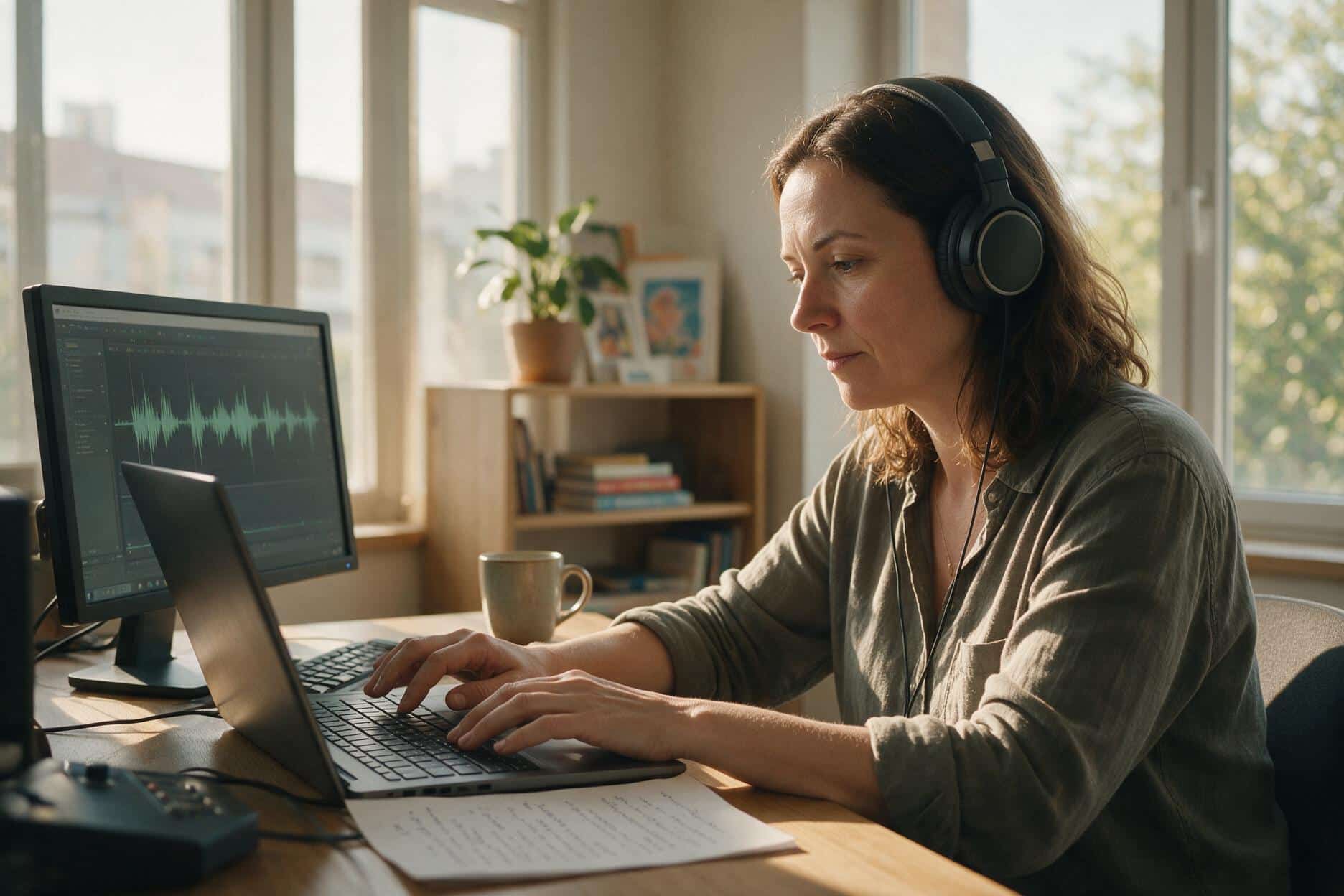 A transcriber listening through headphones and typing up a Bulgarian recording