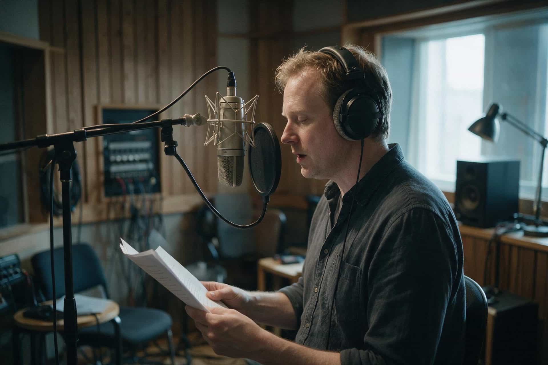 Icelandic voice actor recording at a studio microphone in a soundproofed booth