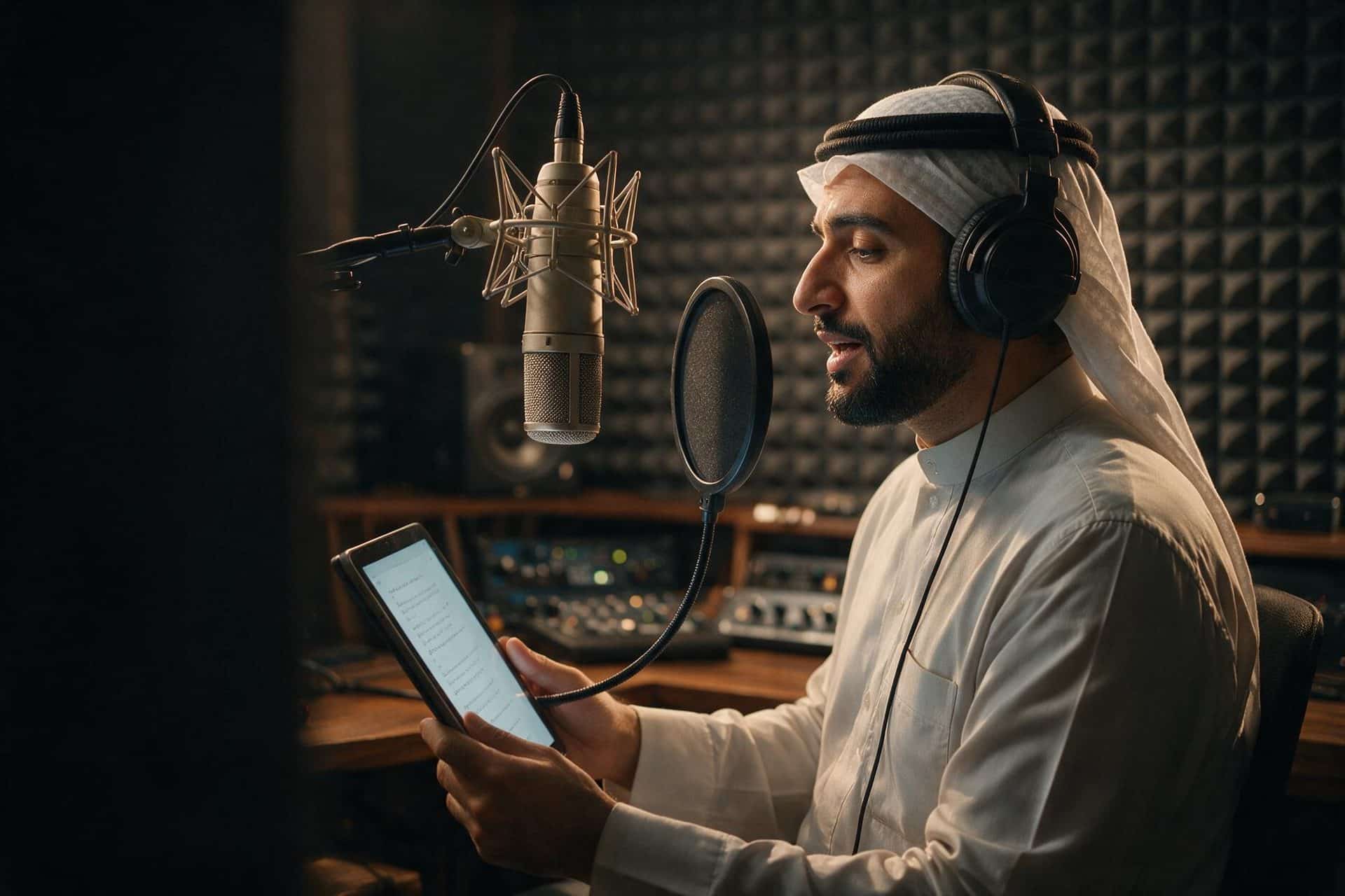 Professional Arabic voice actor recording in a broadcast-quality studio