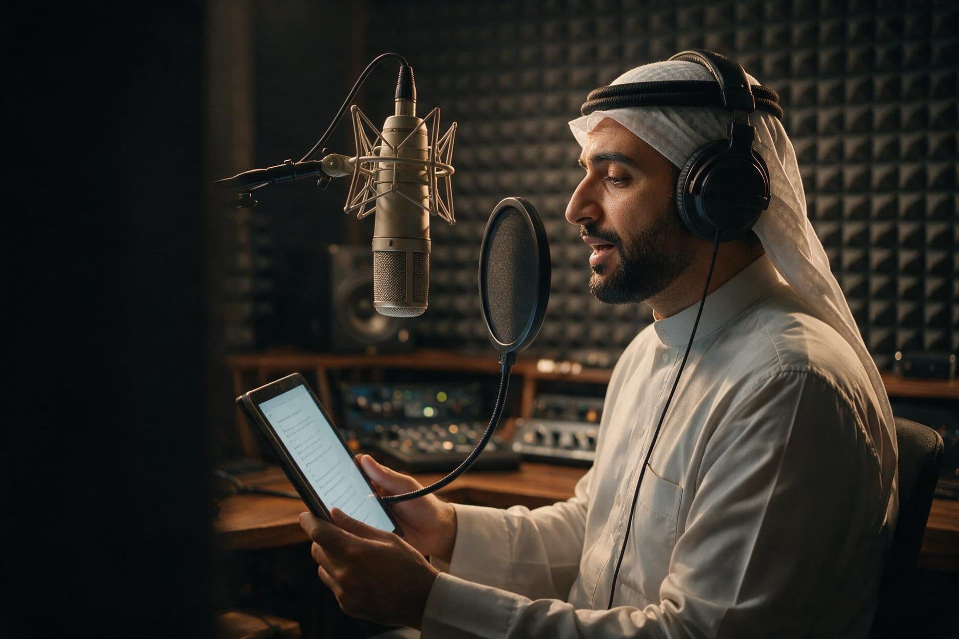 Professional Hebrew voice actor recording in a broadcast-quality studio