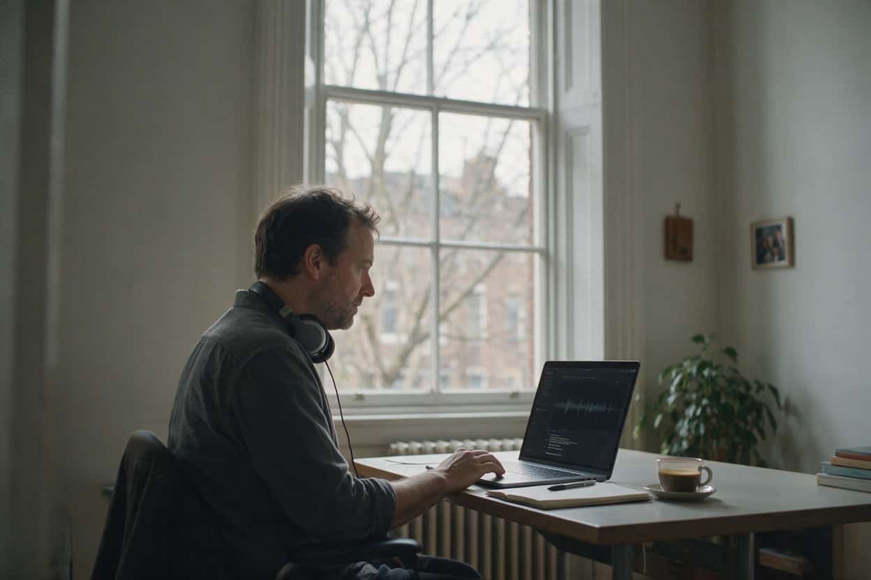 A transcriber listening through headphones and typing up a recording