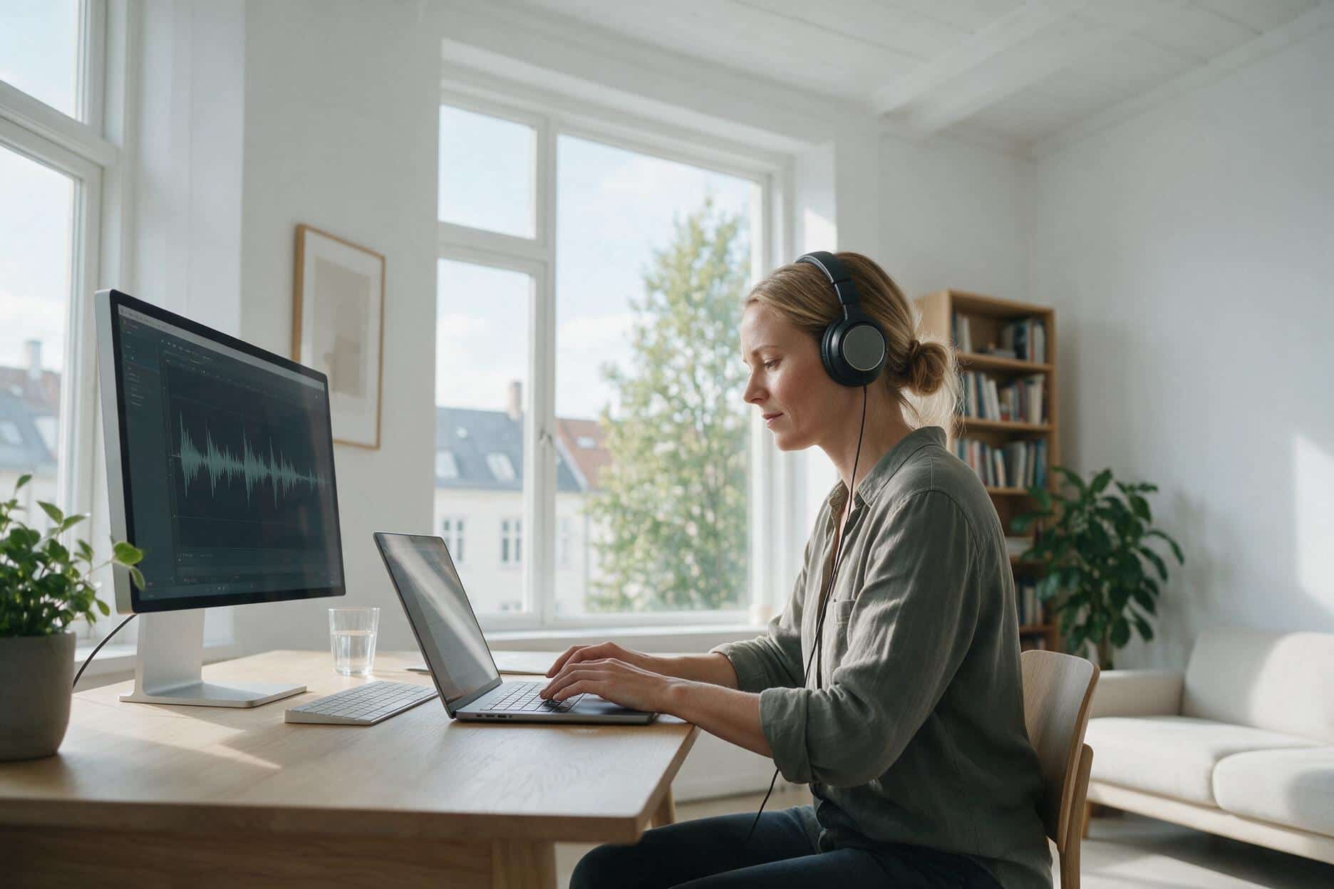 A transcriber listening through headphones and typing up a Danish recording