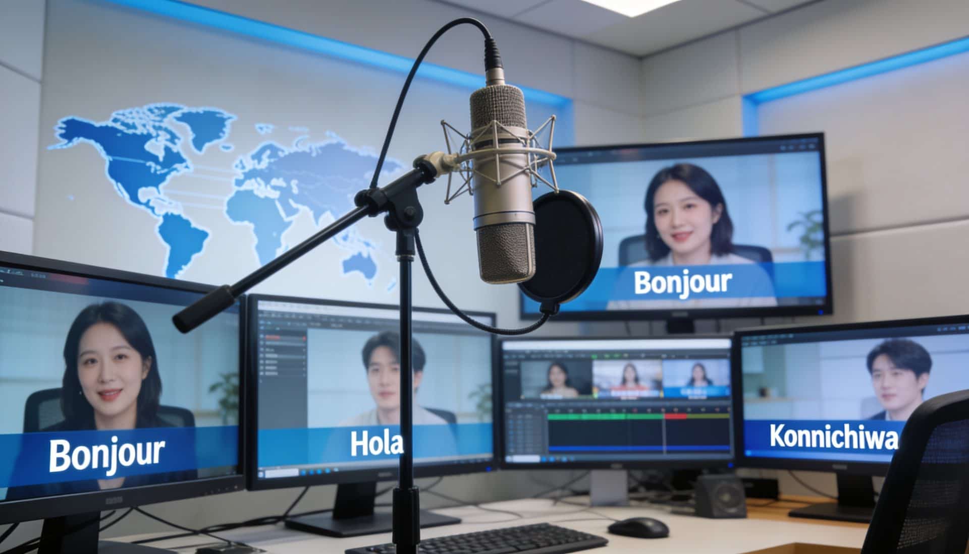 Global localisation studio with multilingual subtitles on screens