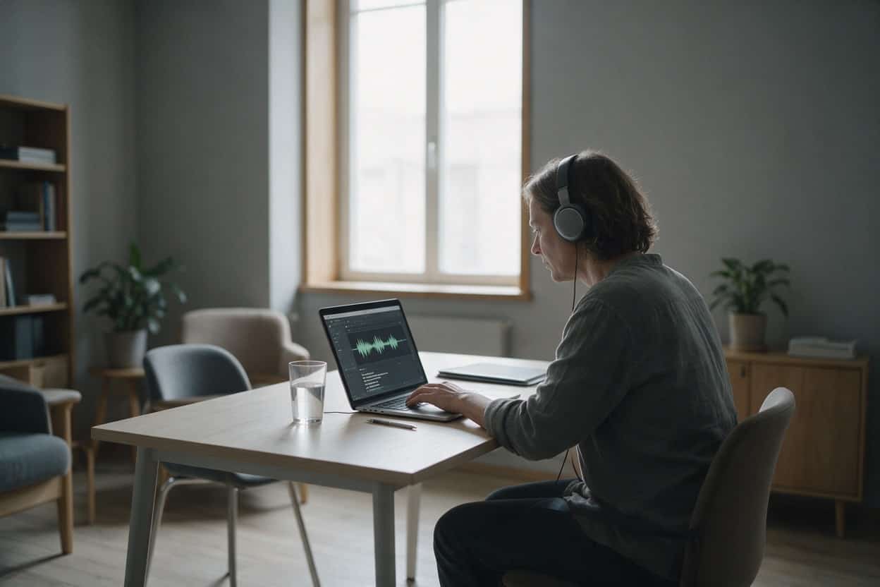 A transcriber listening through headphones and typing up a recording