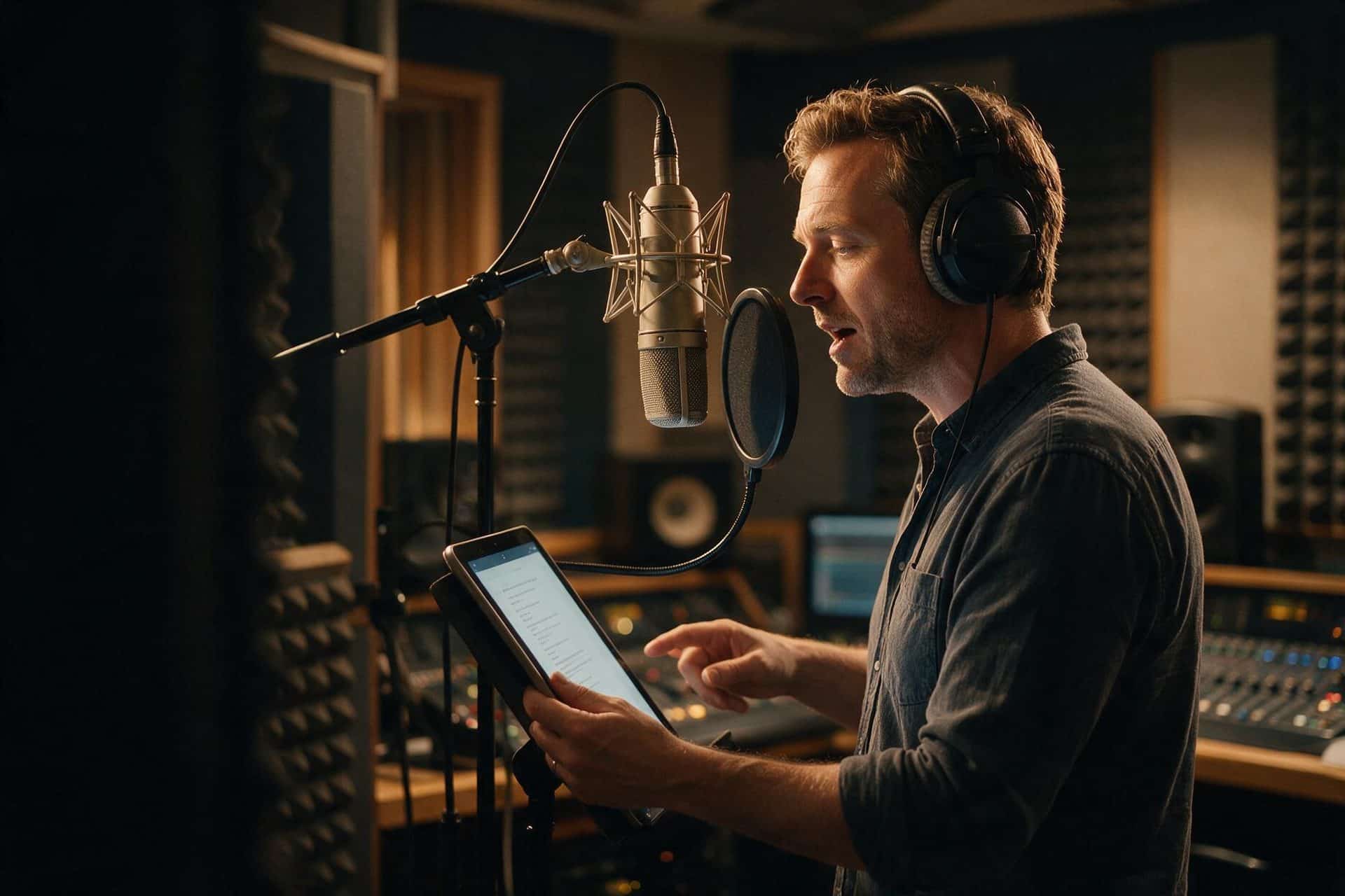 Professional British voice actor recording in a broadcast-quality studio