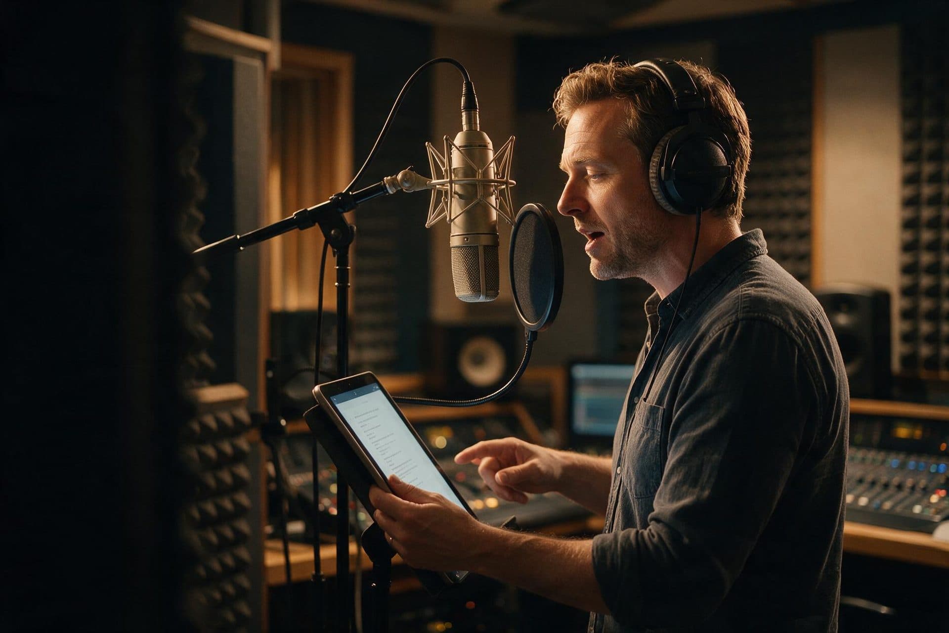 Professional Romanian voice actor recording in a broadcast-quality studio