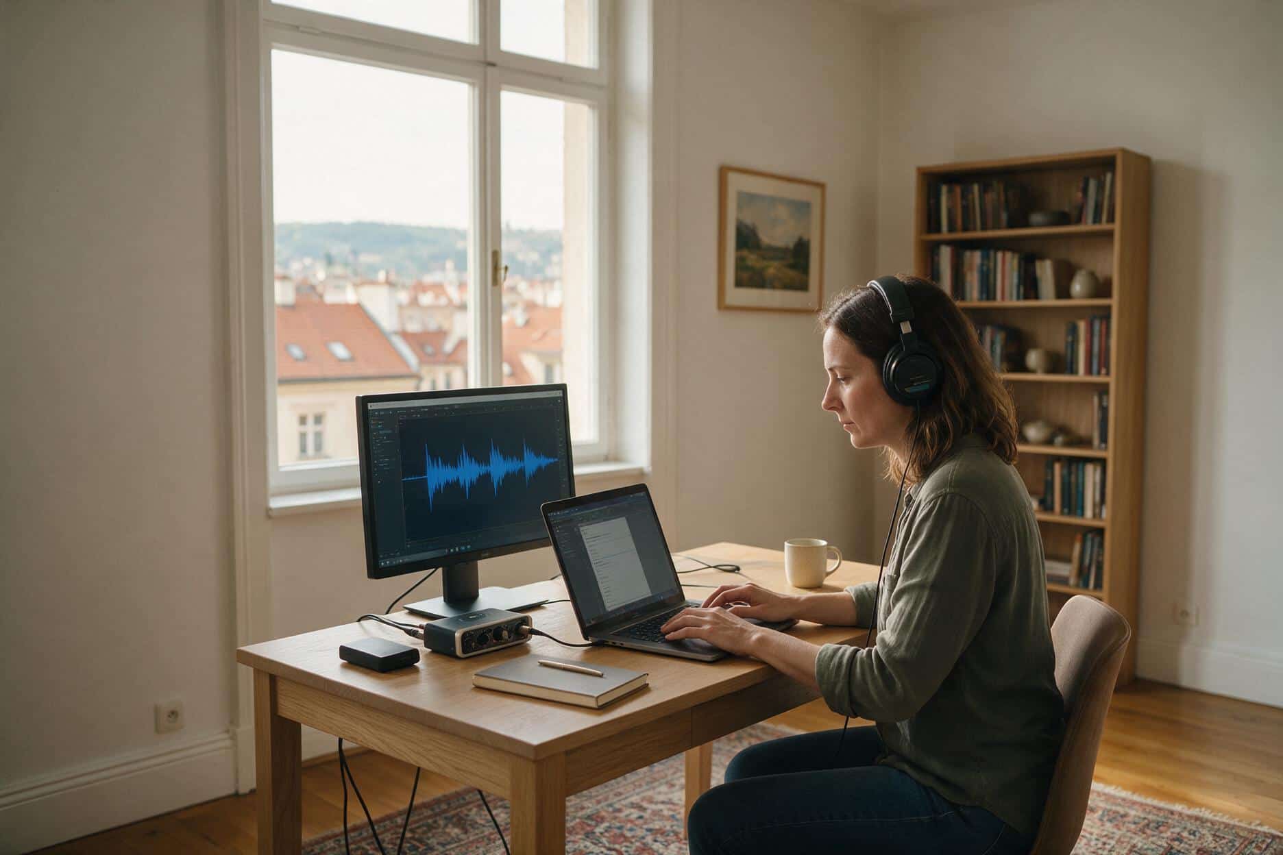 A transcriber listening through headphones and typing up a Czech recording