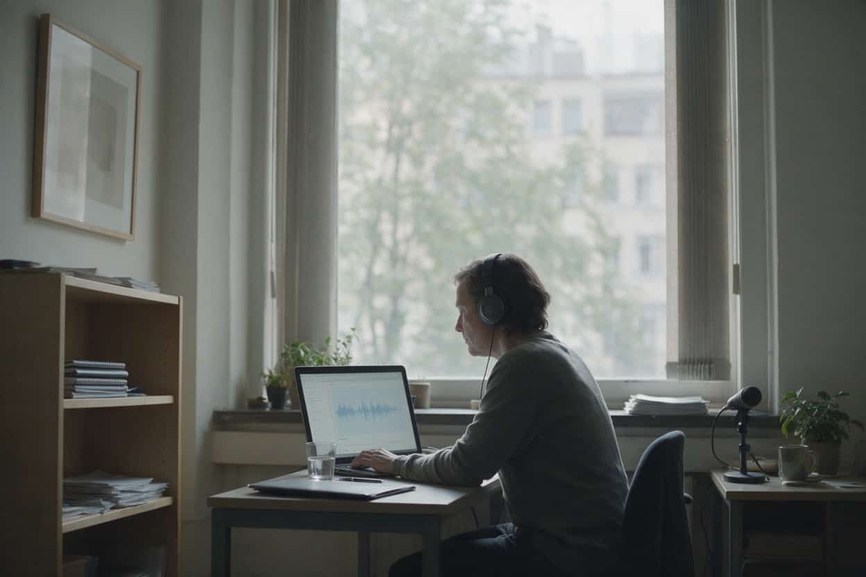 A transcriber listening through headphones and typing up a recording
