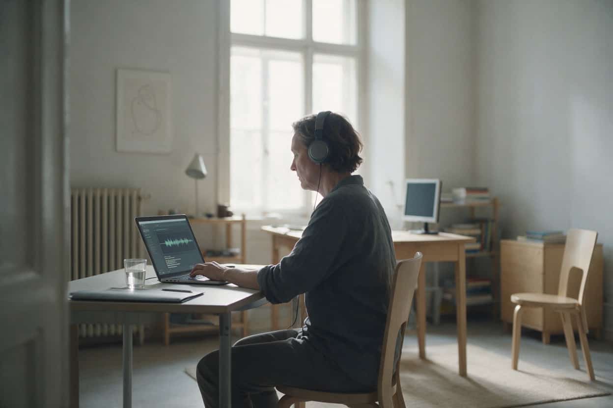 A transcriber listening through headphones and typing up a recording