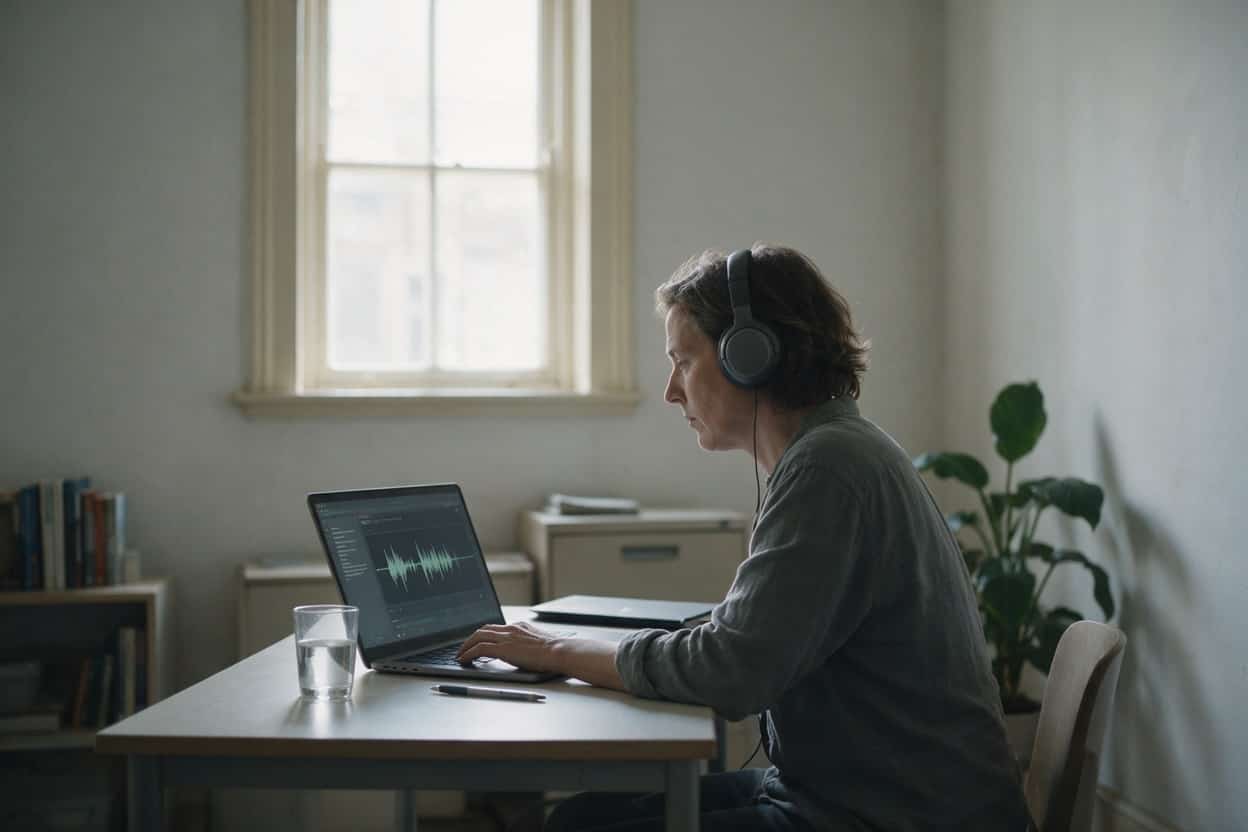 A transcriber listening through headphones and typing up a recording