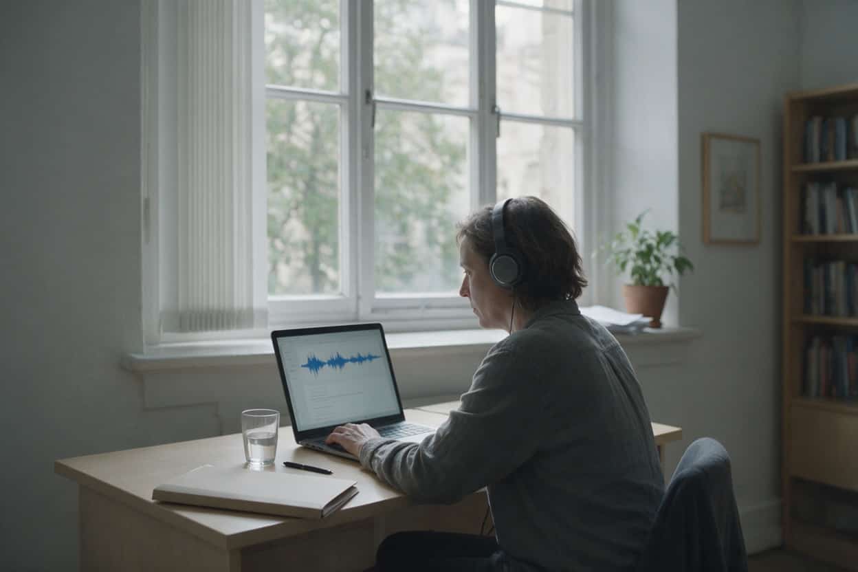 A transcriber listening through headphones and typing up a recording