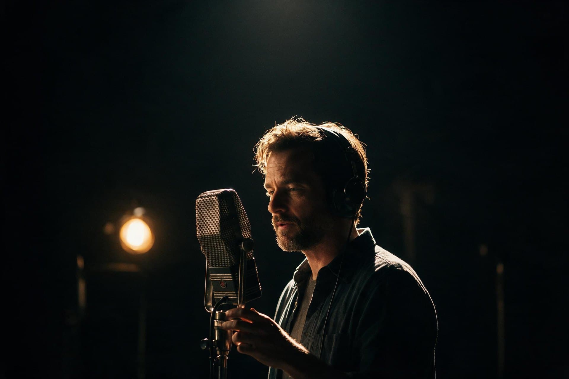 Serbian voice actor recording at a vintage ribbon microphone in a low-lit studio