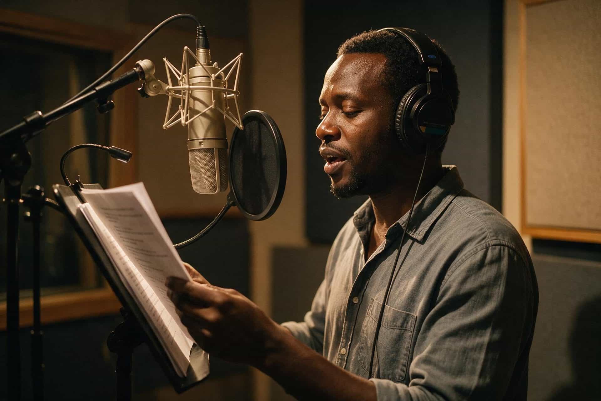 Somali voice actor recording at a studio microphone in a soundproofed booth