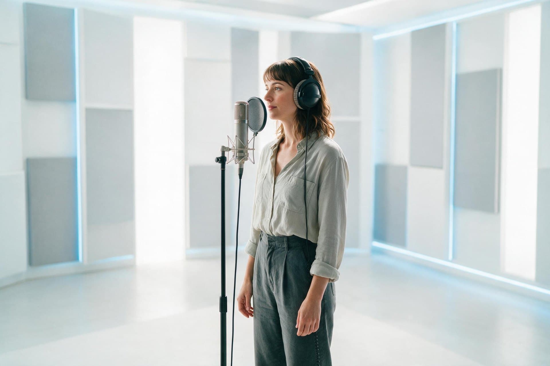 Estonian voice actor recording at a studio microphone in a bright minimalist studio