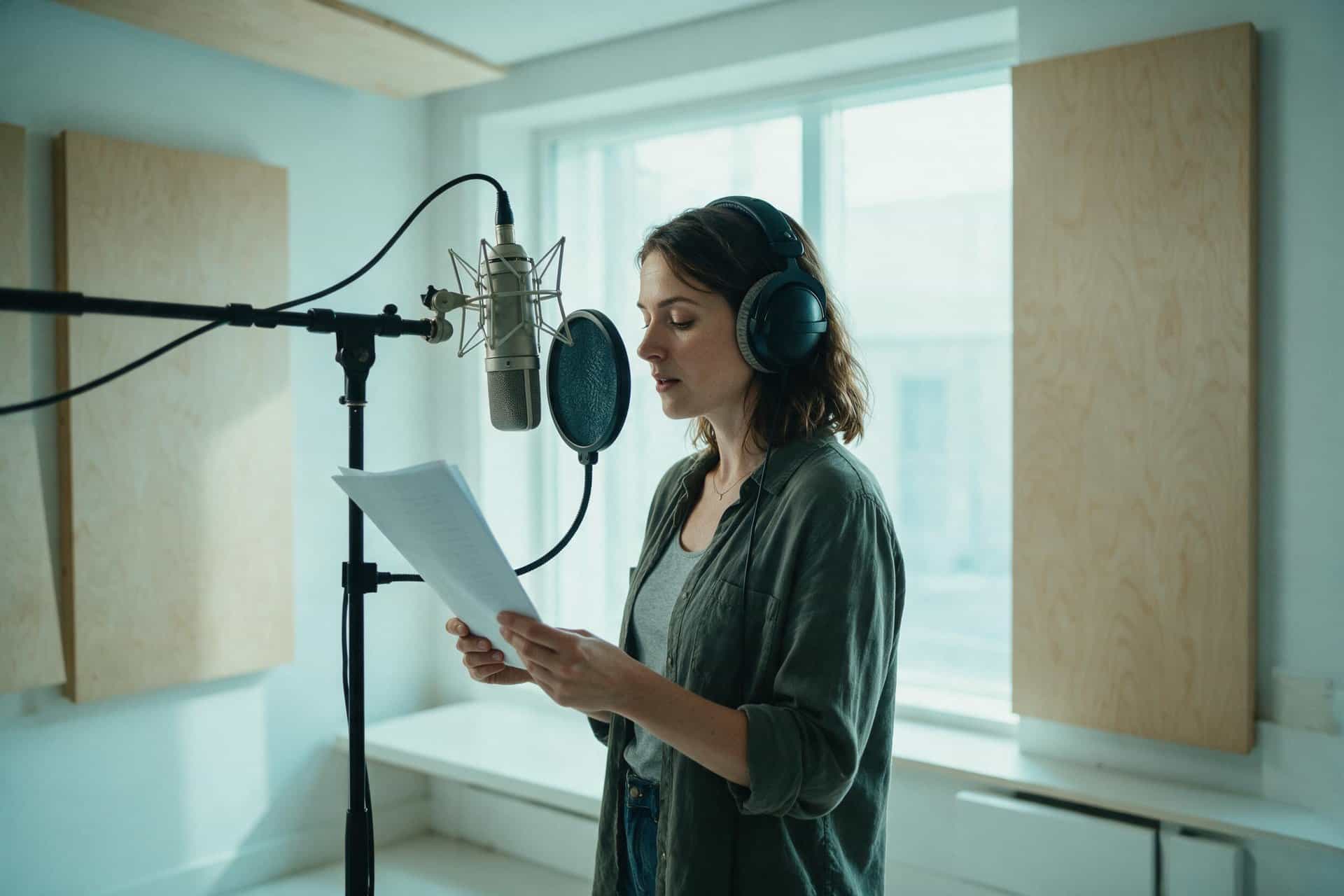 Finnish voice actor recording a script at a studio microphone in a bright Nordic-style booth