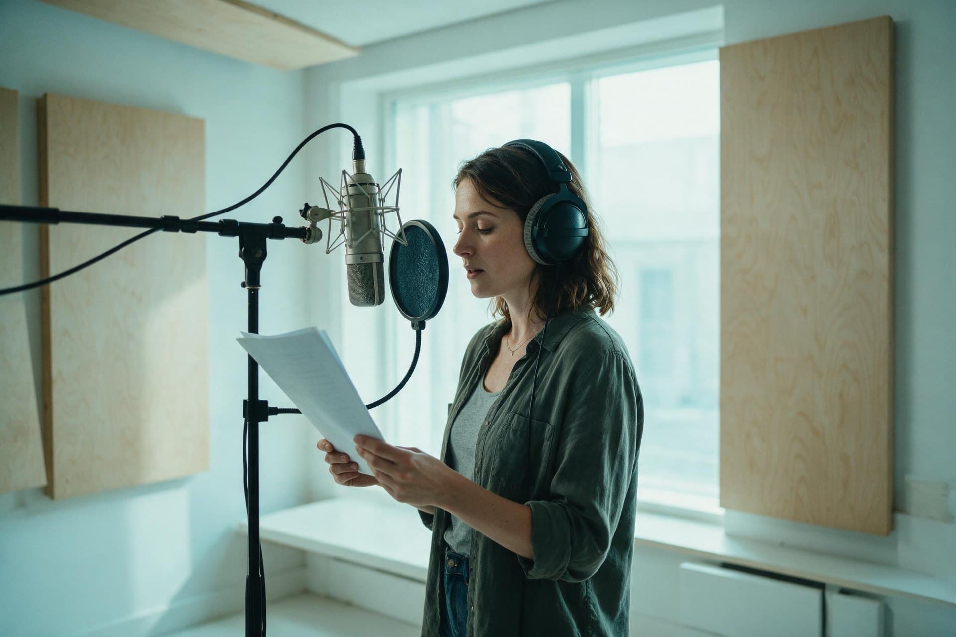 Finnish voice actor recording a script at a studio microphone in a bright Nordic-style booth