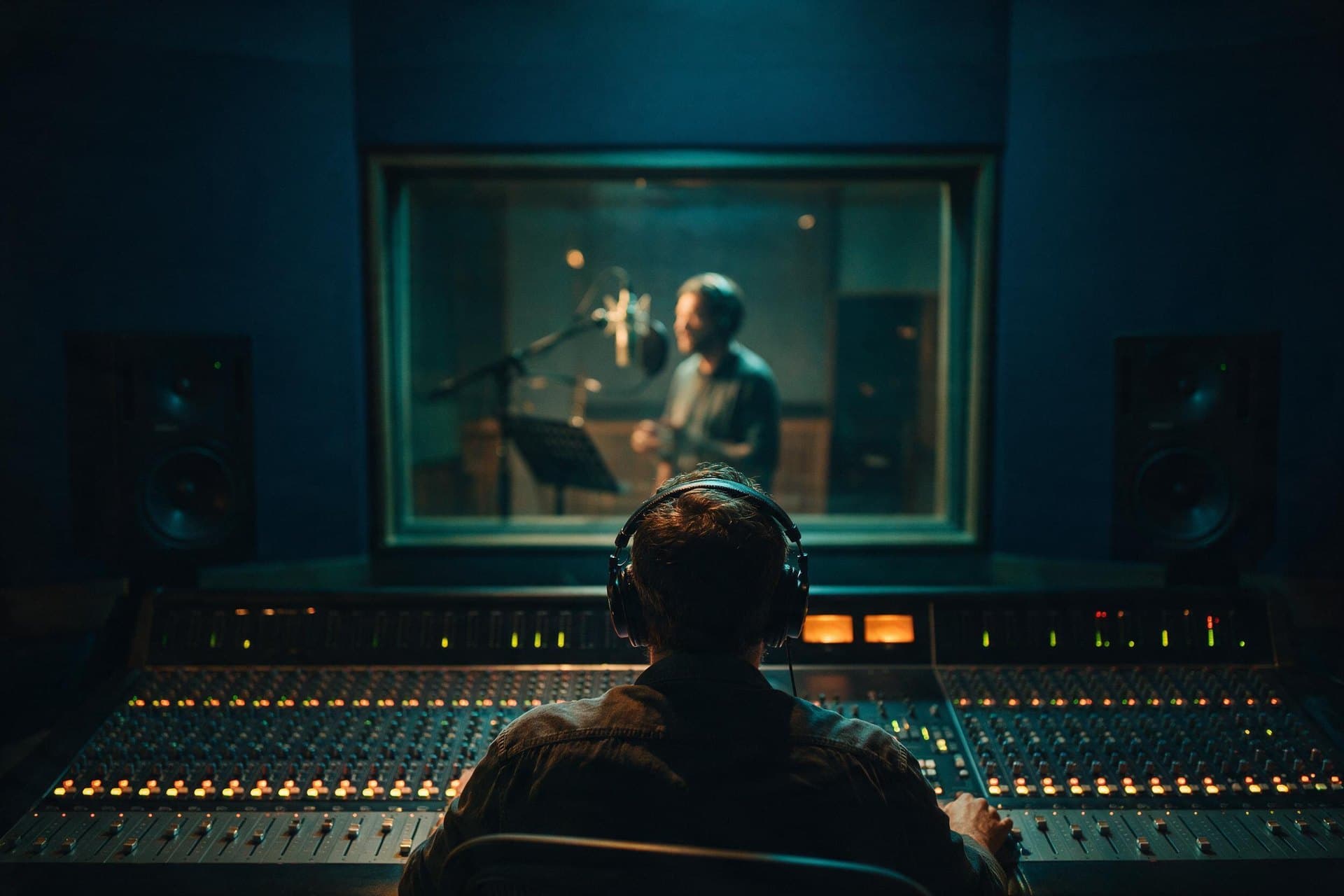 Sound engineer at a mixing desk with a Croatian voice actor recording beyond the studio glass