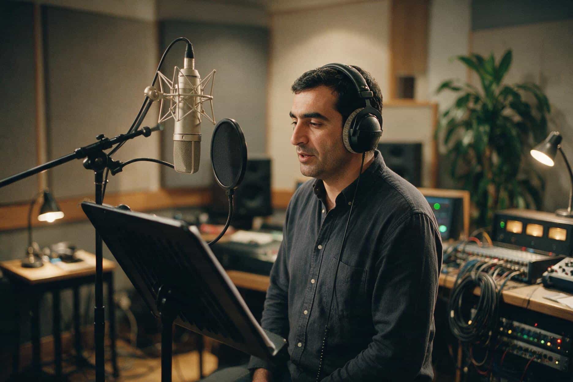 Voice actor at the microphone during a Turkmen recording session