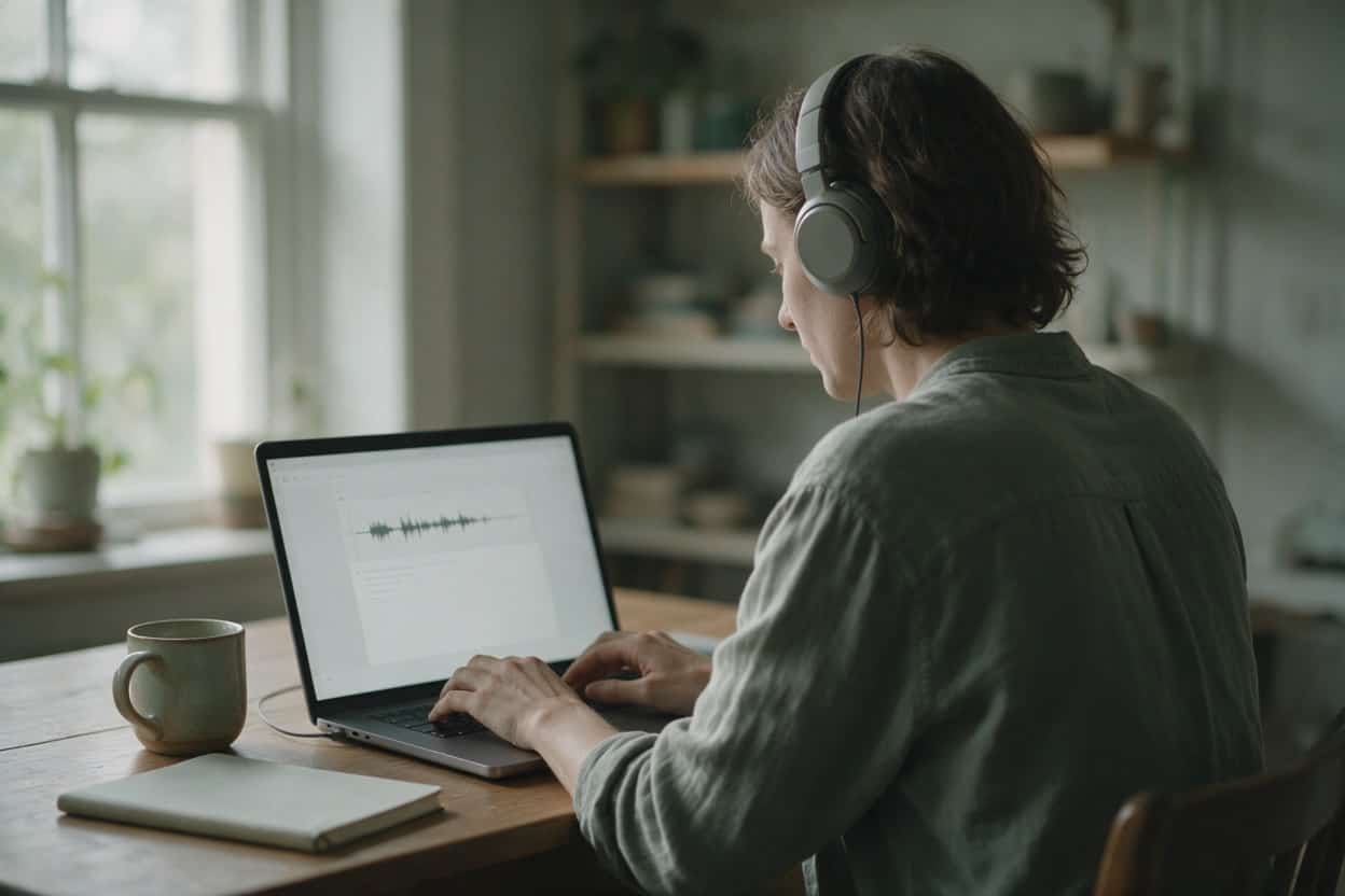 A transcriber listening through headphones and typing up a recording