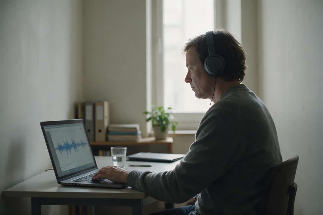 A transcriber listening through headphones and typing up a recording