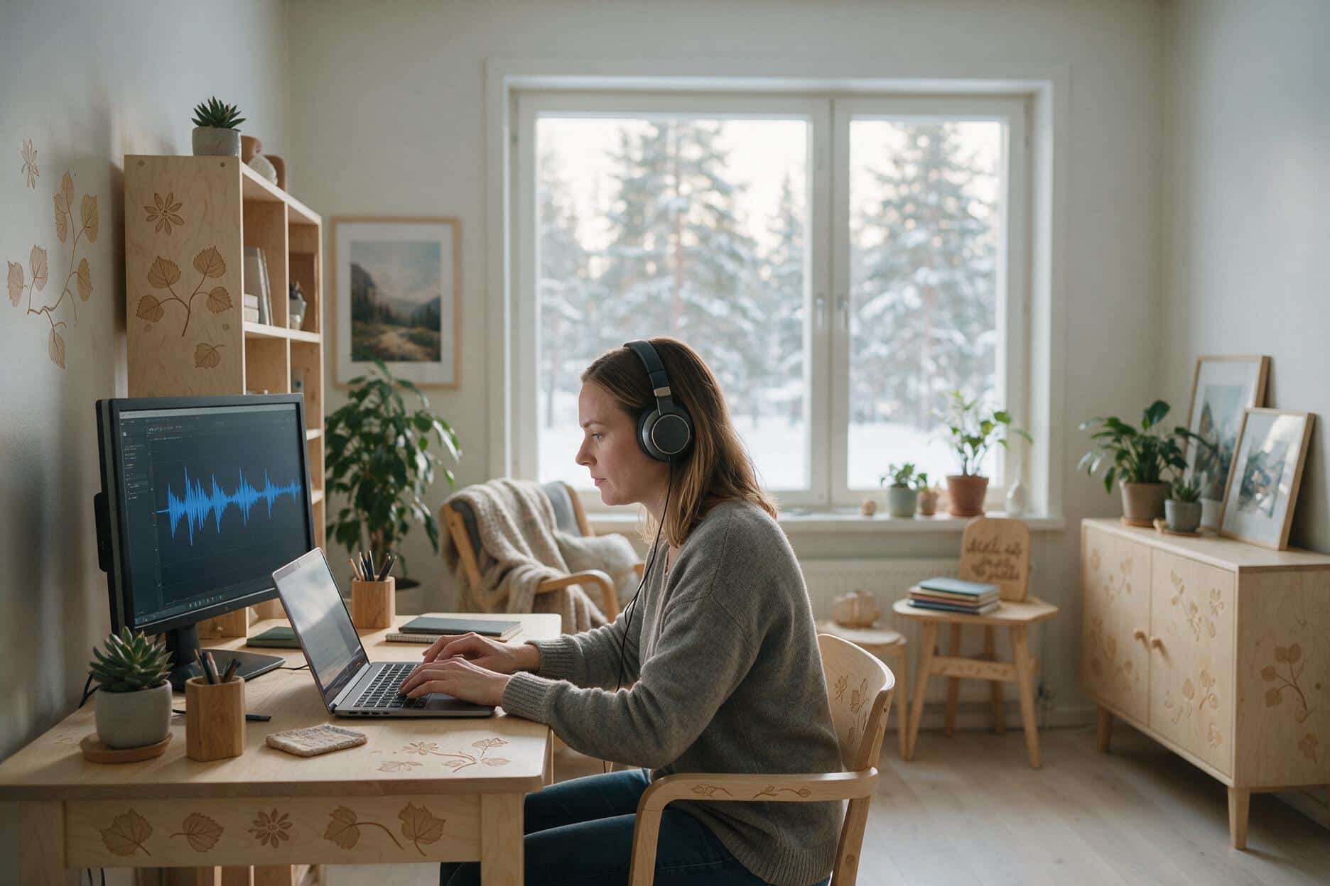 A transcriber listening through headphones and typing up a Finnish recording