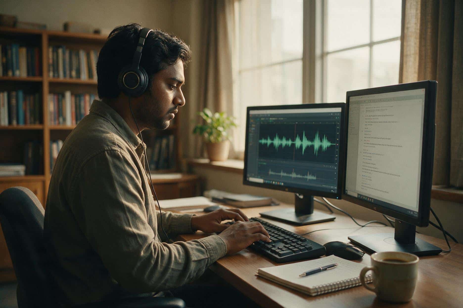 A transcriber listening through headphones and typing up a Assamese recording