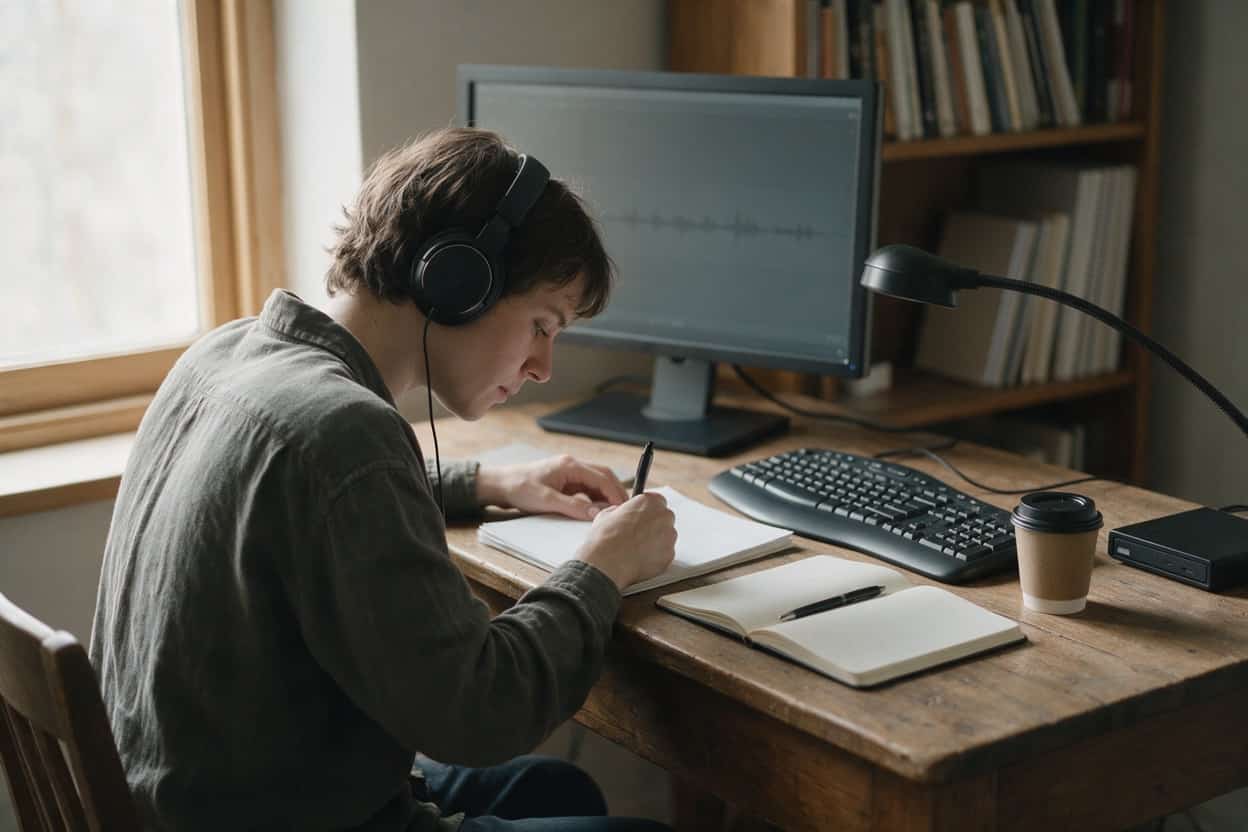A transcriber listening through headphones and typing up a recording