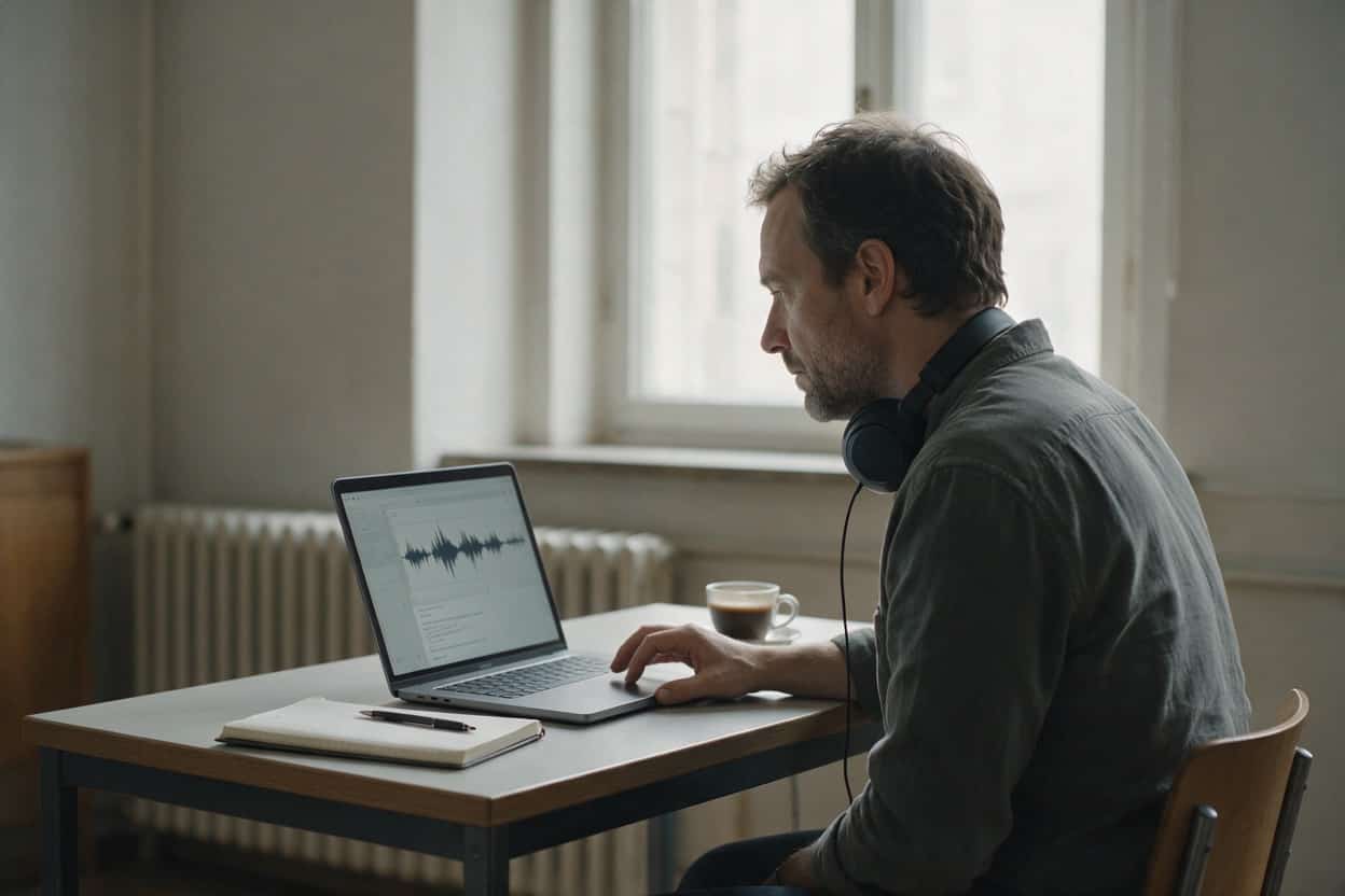 A transcriber listening through headphones and typing up a recording