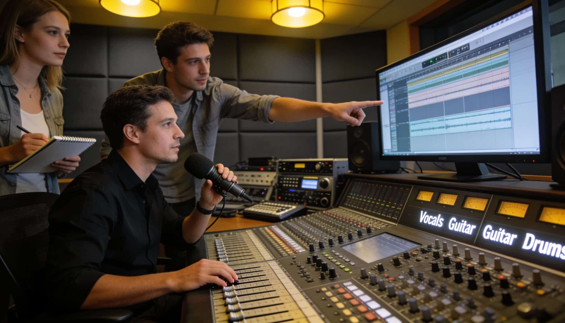 Professional voice over recording studio with mixing console
