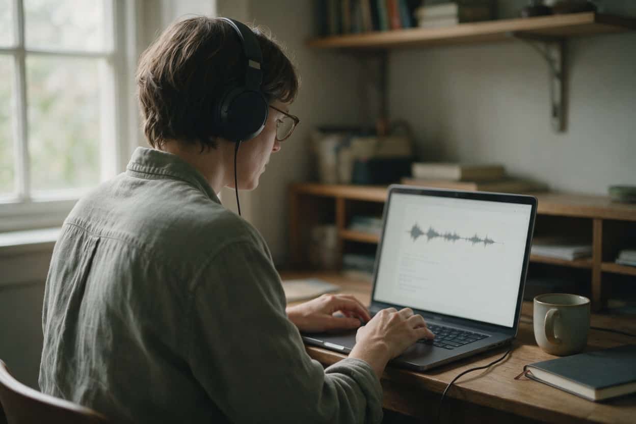 A transcriber listening through headphones and typing up a recording