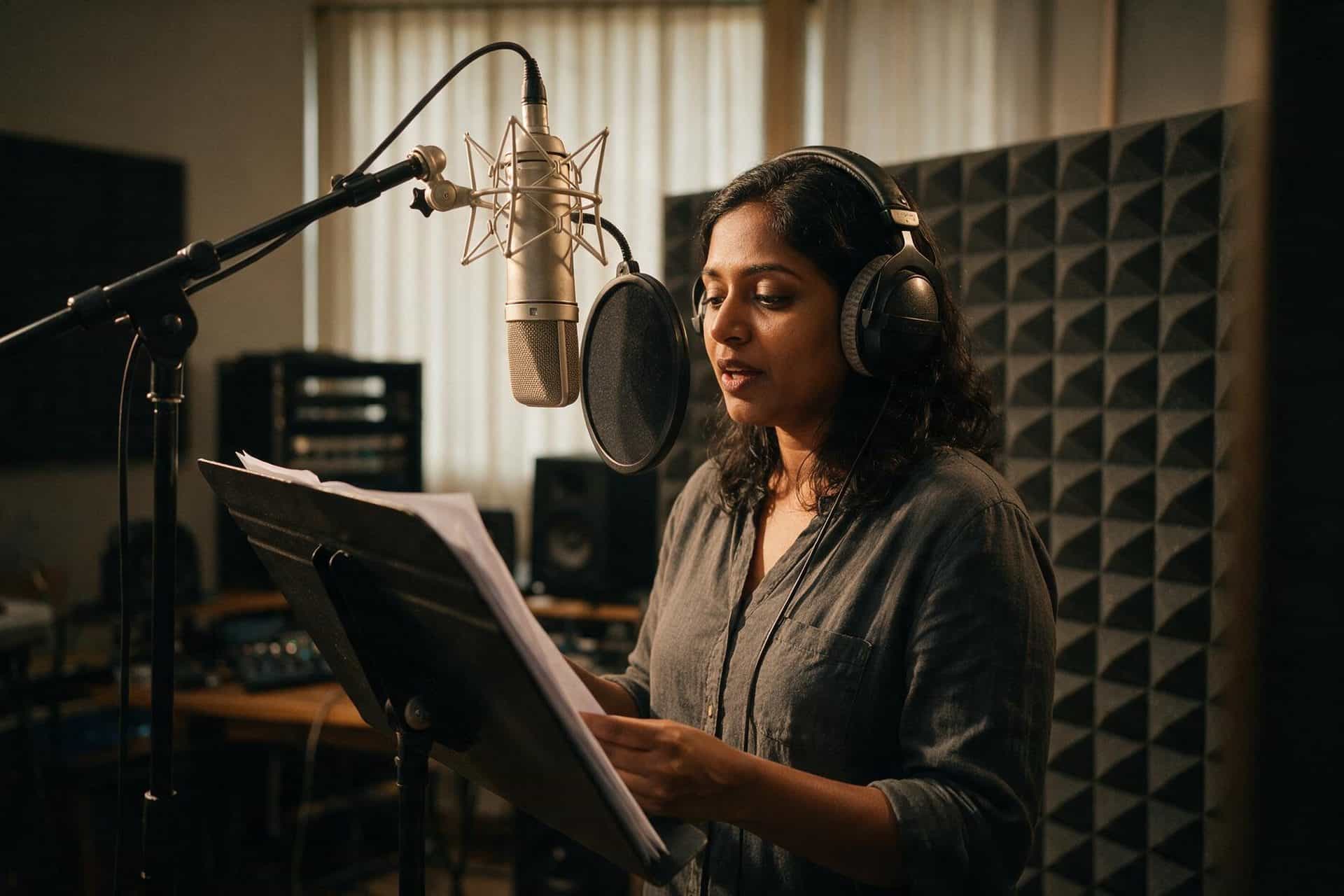 Punjabi voice actor recording at a studio microphone in a soundproofed booth