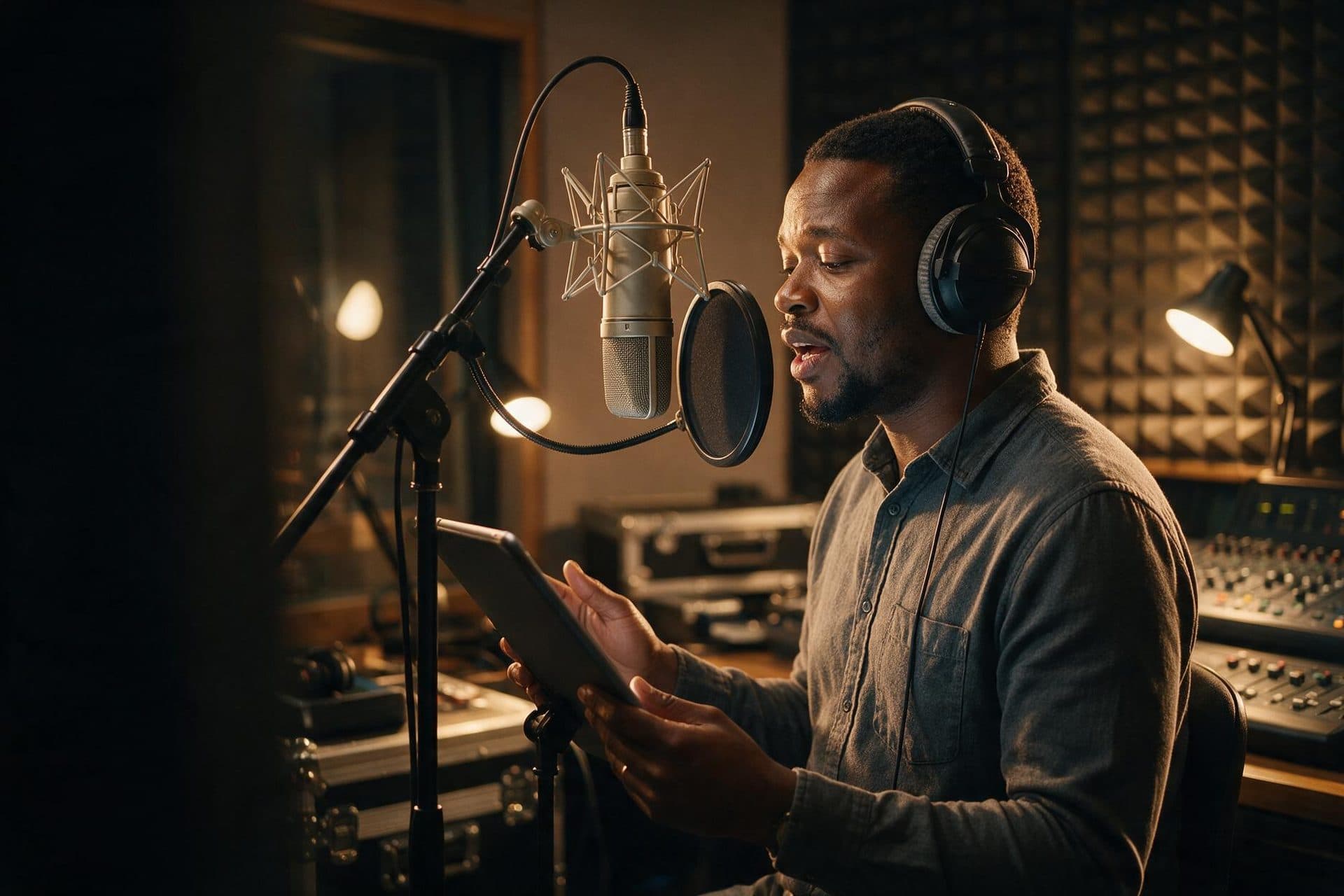 Professional Sesotho voice actor recording in a broadcast-quality studio