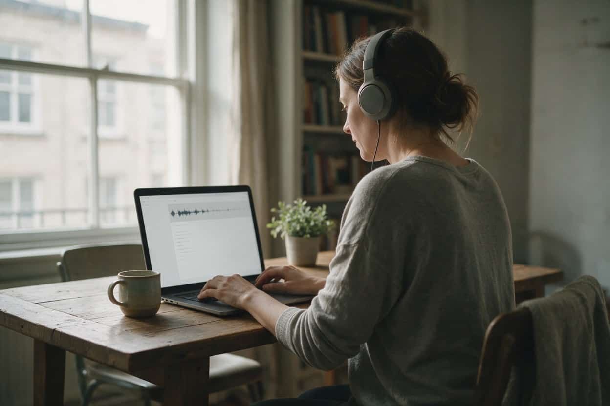 A transcriber listening through headphones and typing up a recording