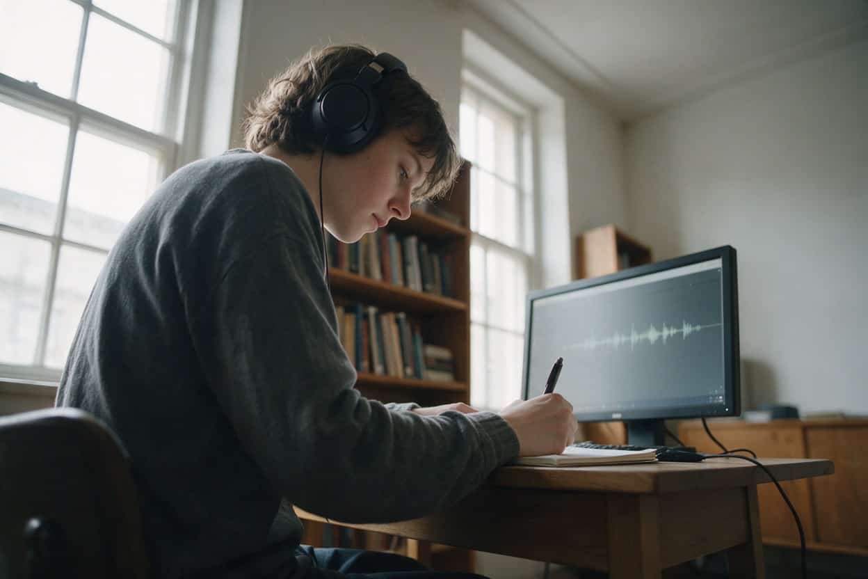 A transcriber listening through headphones and typing up a recording